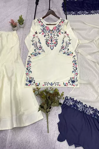 Cream silk blend embroidered palazzo set