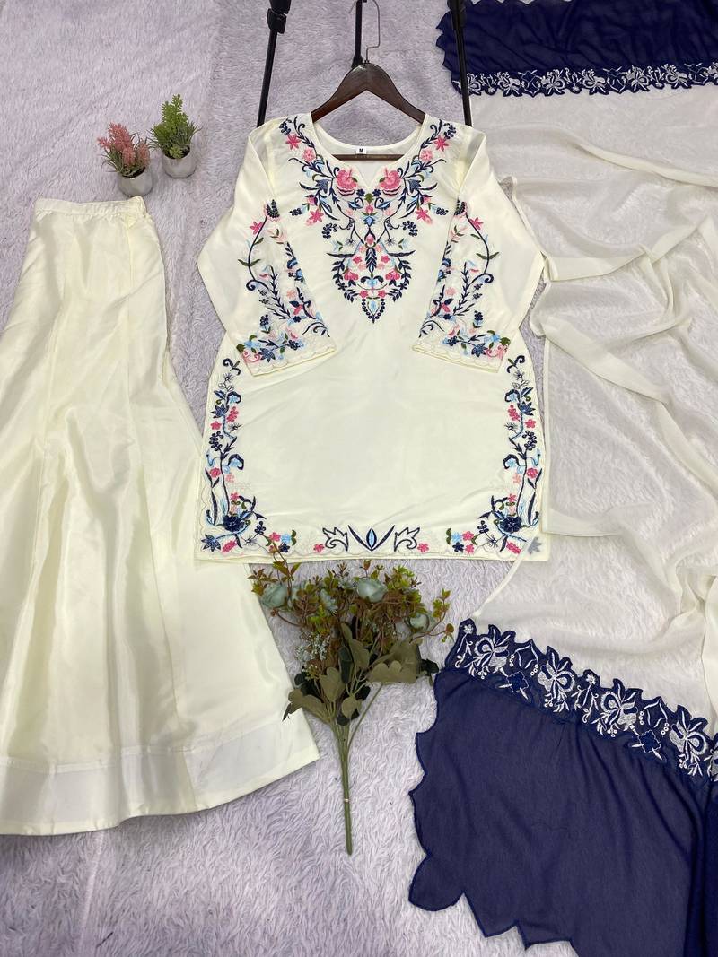 Cream silk blend embroidered palazzo set