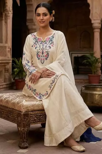 Cream silk blend embroidered palazzo set