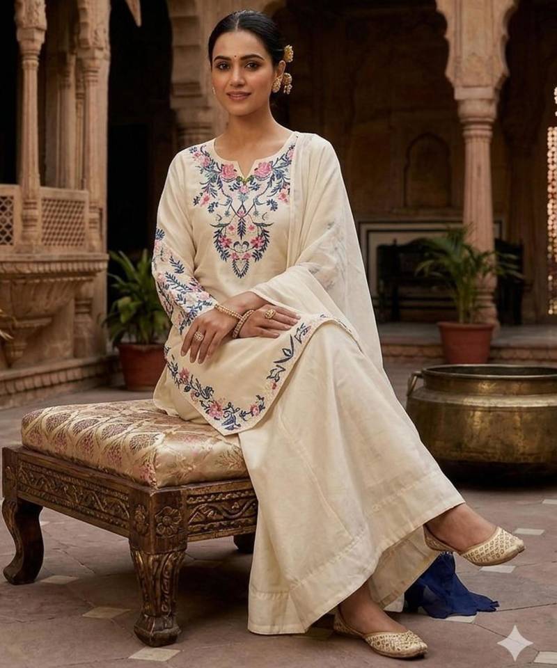 Cream silk blend embroidered palazzo set