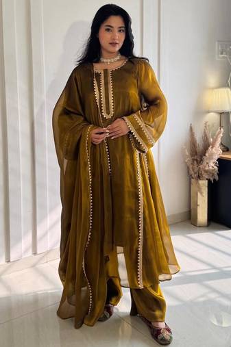 Antique-gold silk blend embroidered flared gown set