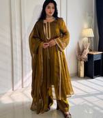 Antique-gold silk blend embroidered flared gown set