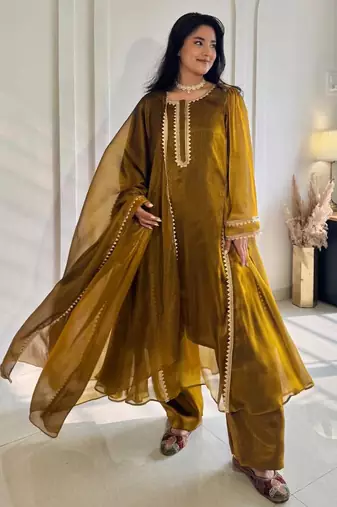 Antique-gold silk blend embroidered flared gown set