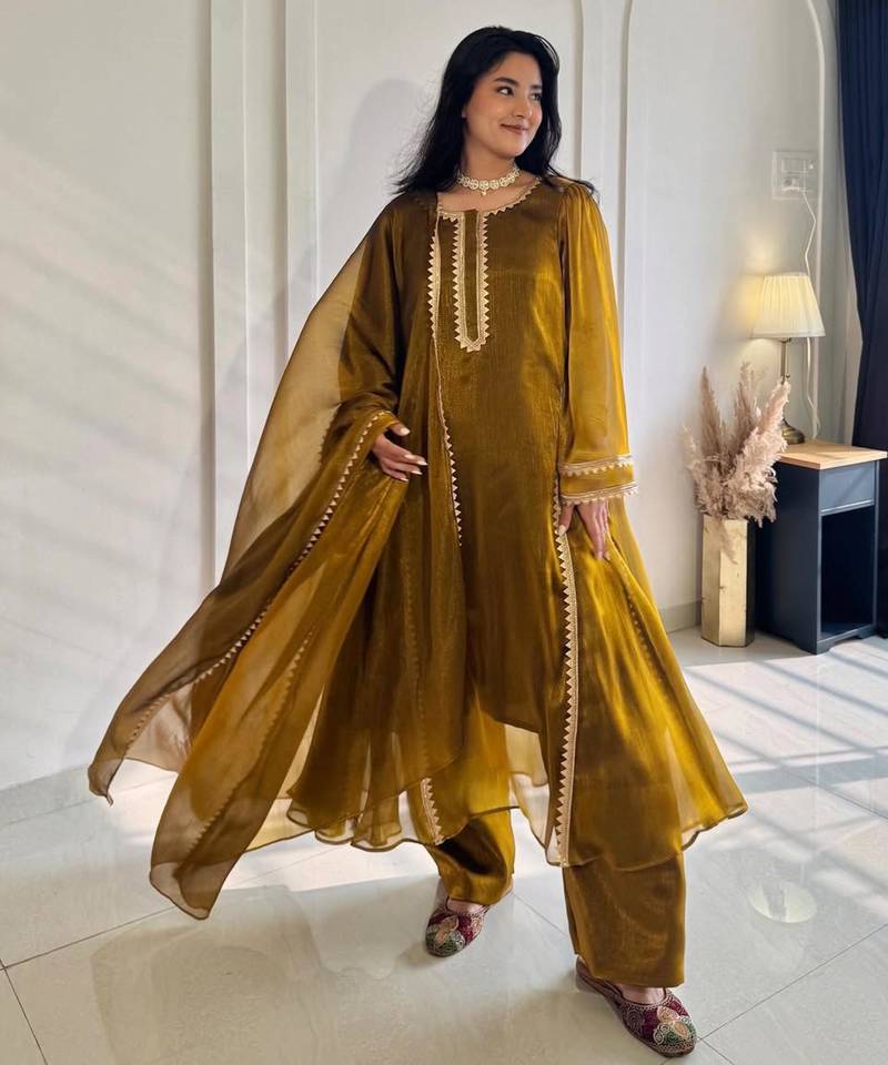 Antique-gold silk blend embroidered flared gown set