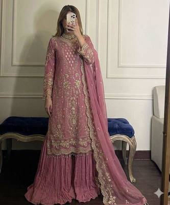 Pink faux georgette embroidered palazzo set 1