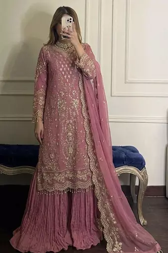 Pink faux georgette embroidered palazzo set