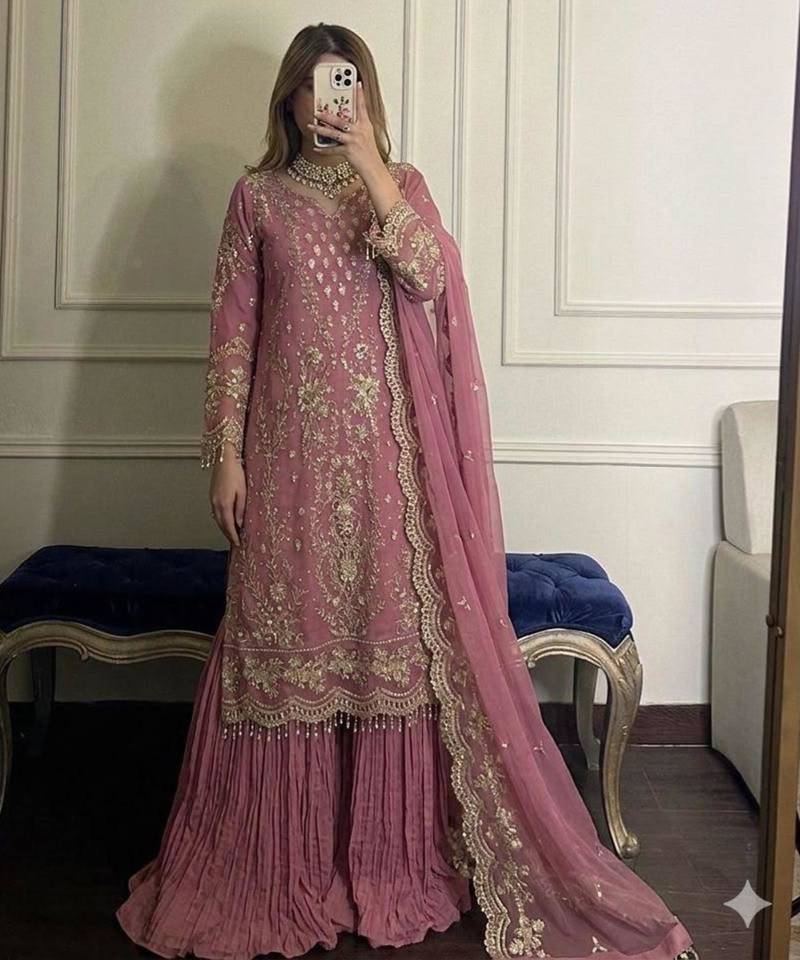 Pink faux georgette embroidered palazzo set