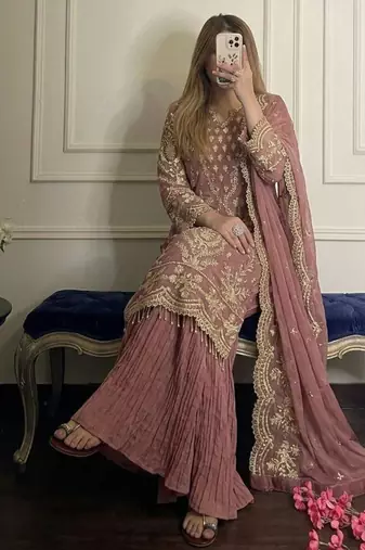 Pink faux georgette embroidered palazzo set
