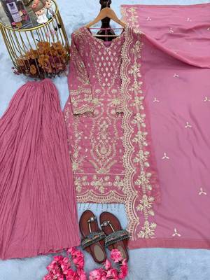 Pink faux georgette embroidered palazzo set 3