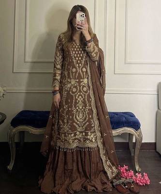 Brown faux georgette embroidered palazzo set 1