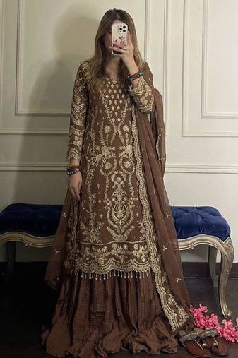 Brown faux georgette embroidered palazzo set