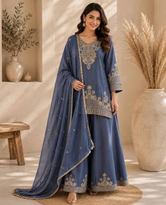 Blue silk blend embroidered palazzo set 1