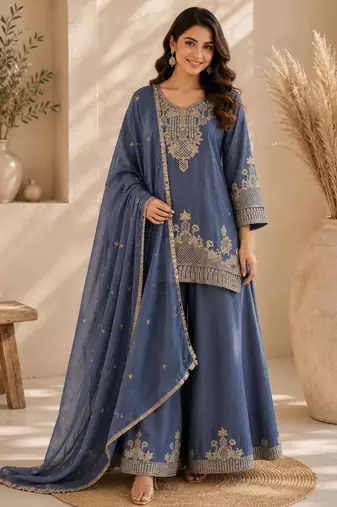 Blue silk blend embroidered palazzo set