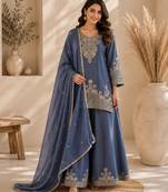 Blue silk blend embroidered palazzo set