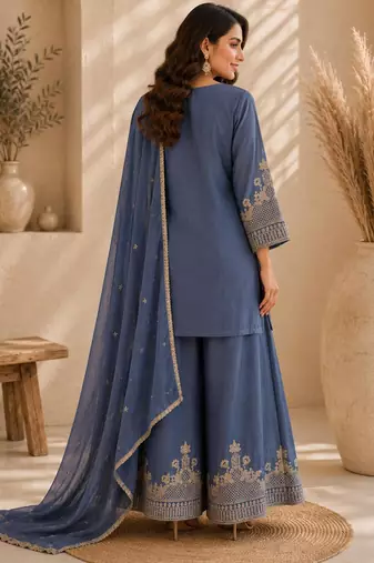 Blue silk blend embroidered palazzo set