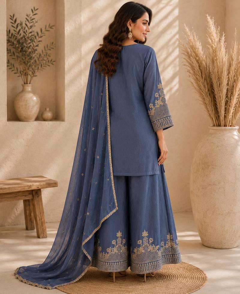 Blue silk blend embroidered palazzo set