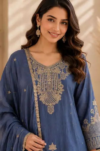 Blue silk blend embroidered palazzo set