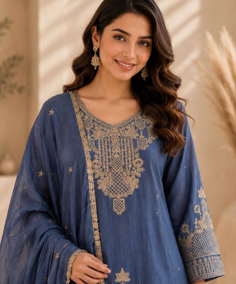 Blue silk blend embroidered palazzo set