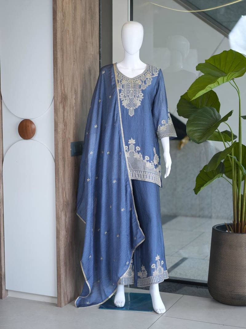 Blue silk blend embroidered palazzo set