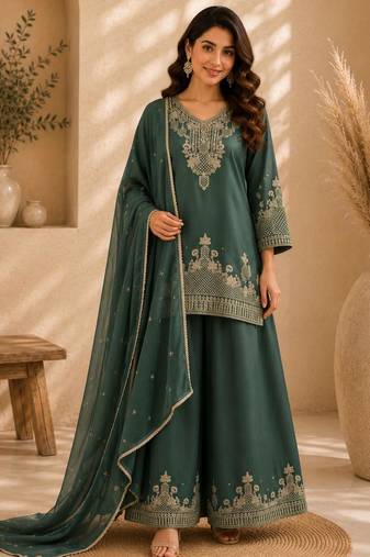 Green silk blend embroidered palazzo set