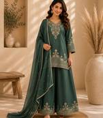 Green silk blend embroidered palazzo set