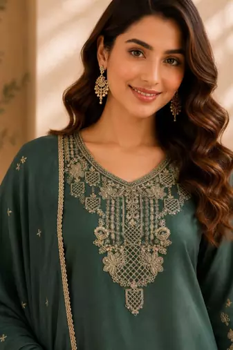 Green silk blend embroidered palazzo set