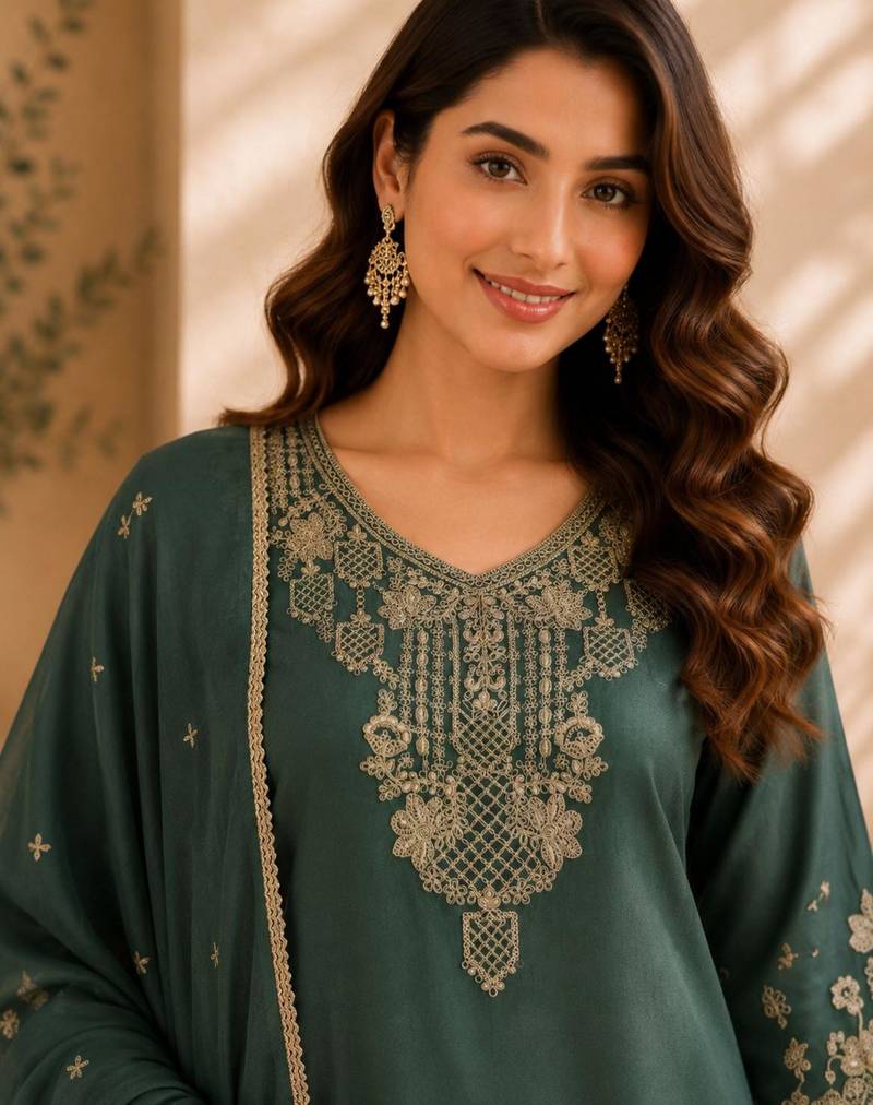 Green silk blend embroidered palazzo set