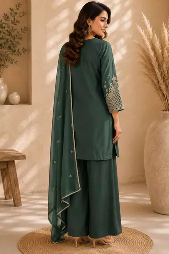Green silk blend embroidered palazzo set