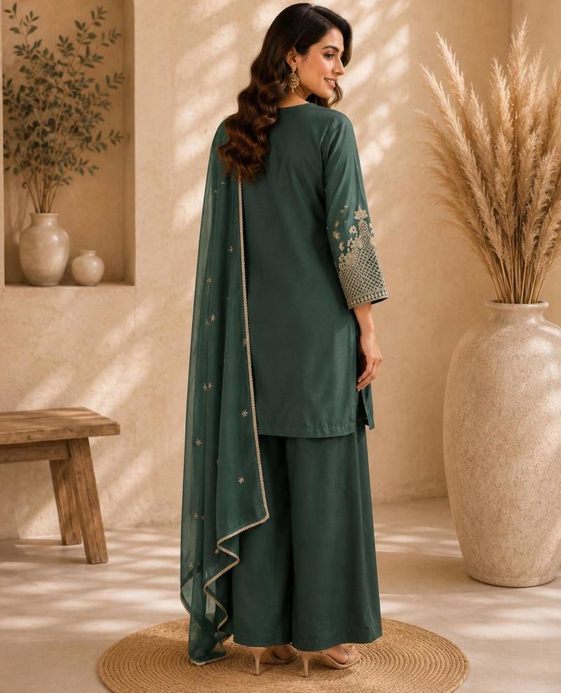 Green silk blend embroidered palazzo set