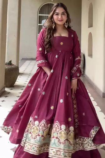 Plum silk blend embroidered palazzo set