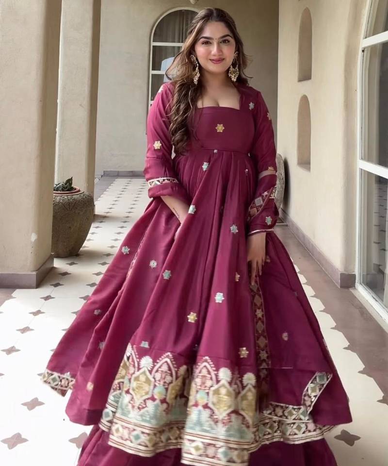Plum silk blend embroidered palazzo set