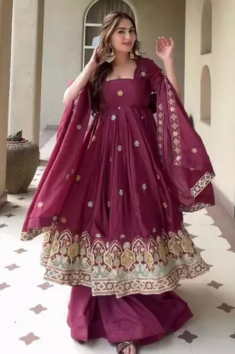 Plum silk blend embroidered palazzo set