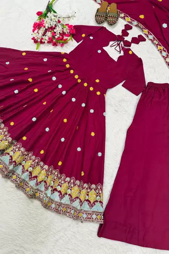 Plum silk blend embroidered palazzo set