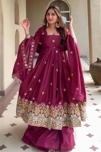 Plum silk blend embroidered palazzo set