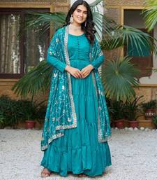 Blue silk blend plain flared gown set