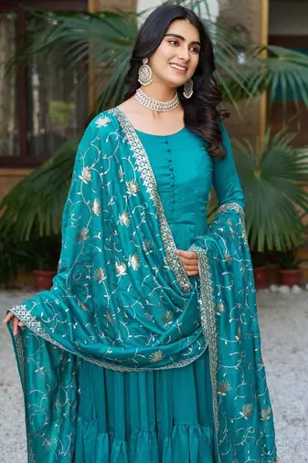 Blue silk blend plain flared gown set