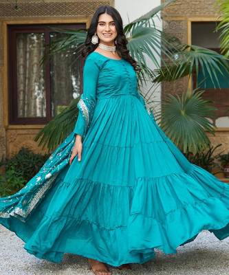Blue silk blend plain flared gown set 1