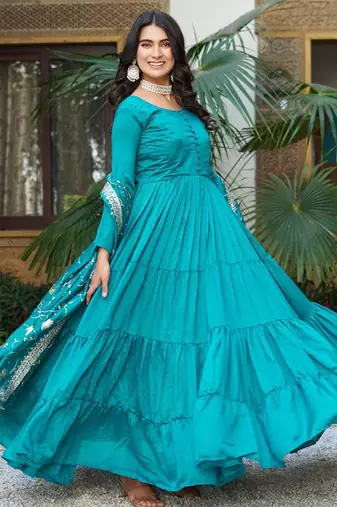 Blue silk blend plain flared gown set