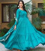 Blue silk blend plain flared gown set