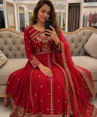 Red faux georgette sequins free size flared gown set 2