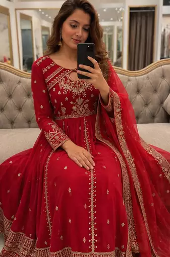 Red faux georgette sequins free size flared gown set