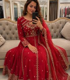 Red faux georgette sequins free size flared gown set