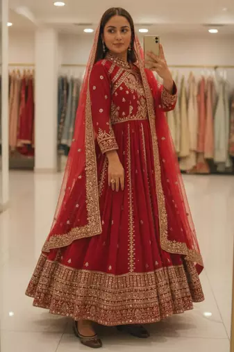 Red faux georgette sequins free size flared gown set