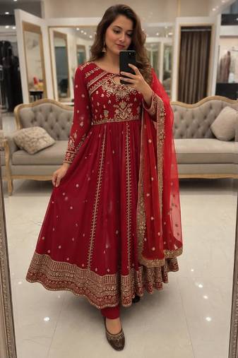 Red faux georgette sequins free size flared gown set