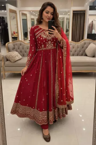 Red faux georgette sequins free size flared gown set