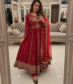 Red faux georgette sequins free size flared gown set