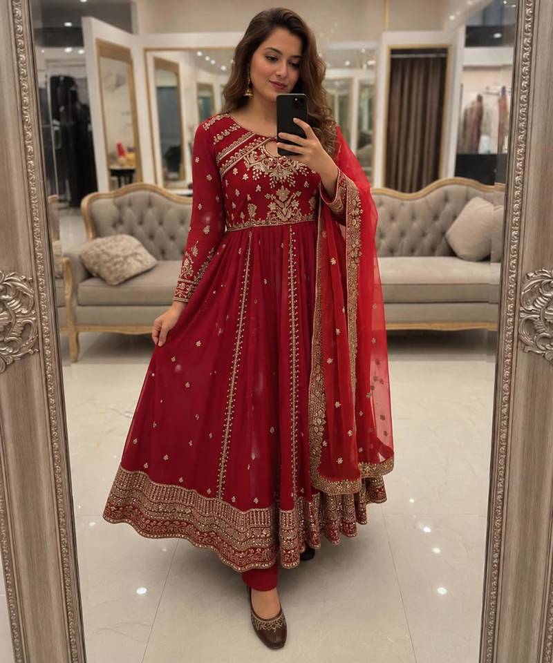 Red faux georgette sequins free size flared gown set