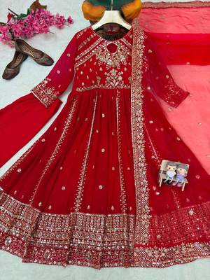 Red faux georgette sequins free size flared gown set 4
