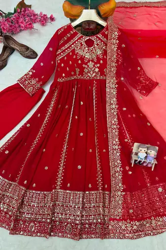 Red faux georgette sequins free size flared gown set