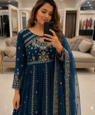Blue faux georgette sequins  free size  flared gown set 2